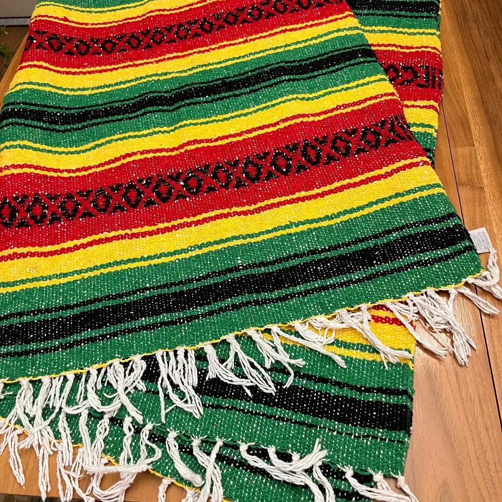 Artesanias Mickey Blanket Red Yellow Green Black Fringe Mexico